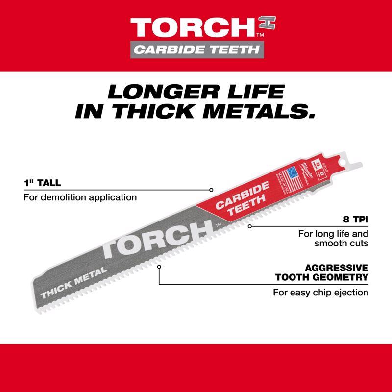 Milwaukee Torch 9 in. Carbide Thick Metal Reciprocating Saw Blade 8 TPI