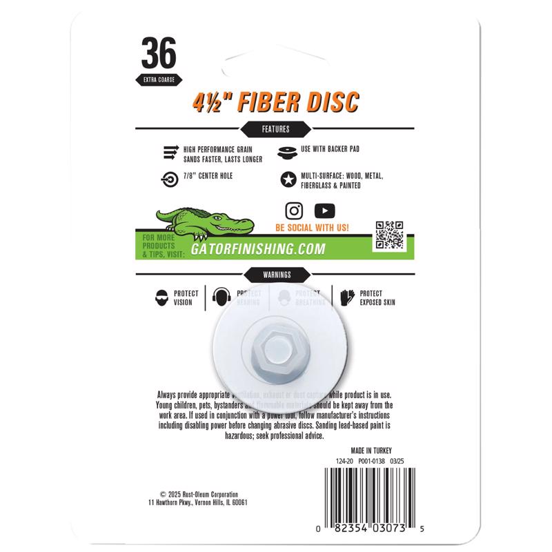 Gator 4.5 in. Aluminum Oxide Center Mount Fiber Disc 36 Grit Extra Coarse 3 pk