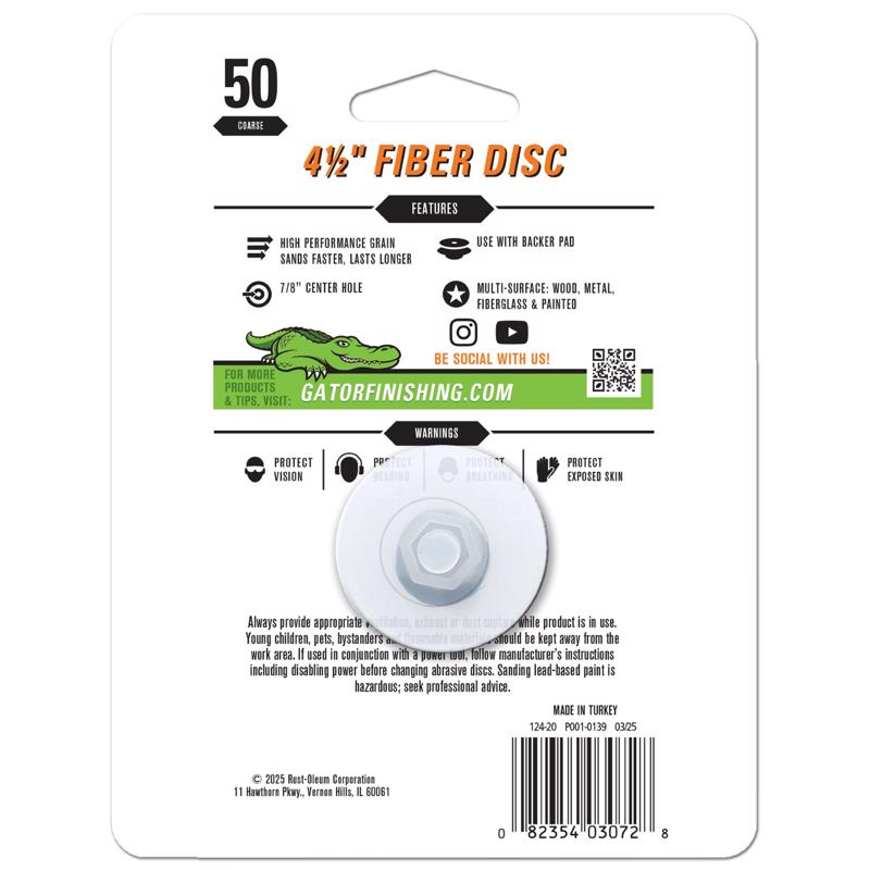 Gator 4.5 in. Aluminum Oxide Center Mount Fiber Disc 50 Grit Coarse 3 pk