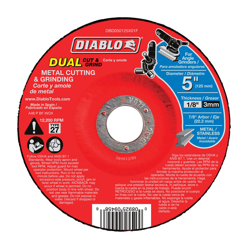 Diablo 5 in. D X 7/8 in. Aluminum Oxide Metal Dual Cut and Grind Disc