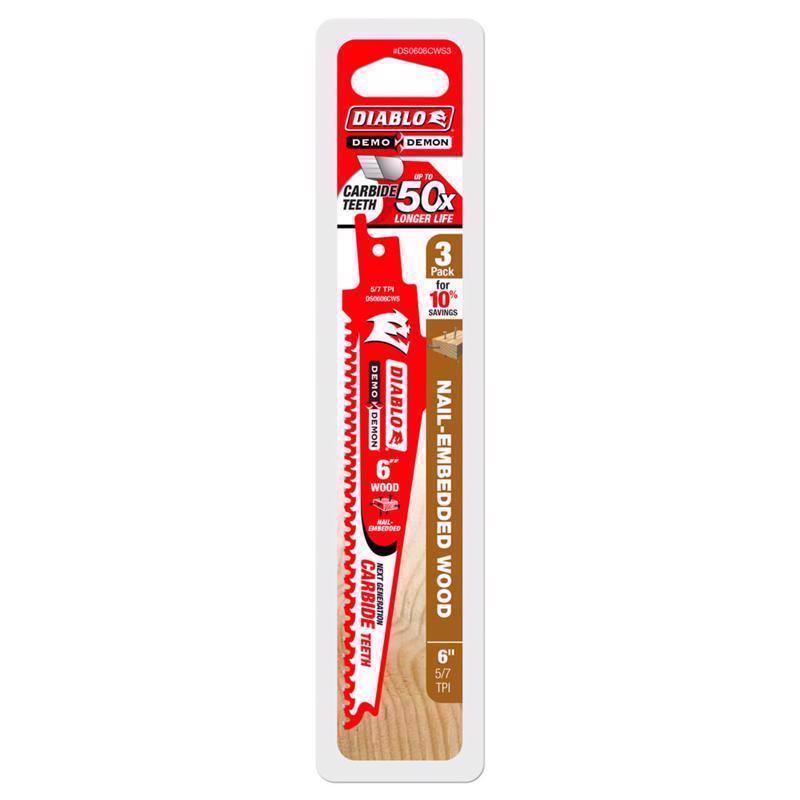 Diablo Demo Demon 6 in. Carbide Tipped Nail-Embedded Wood Reciprocating Saw Blade 5/7 TPI 3 pk