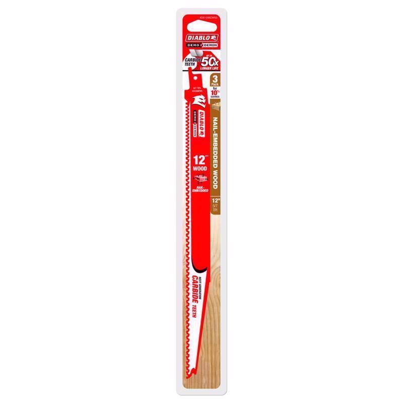 Diablo Demo Demon 12 in. Carbide Tipped Nail-Embedded Wood Reciprocating Saw Blade 5/7 TPI 3 pk