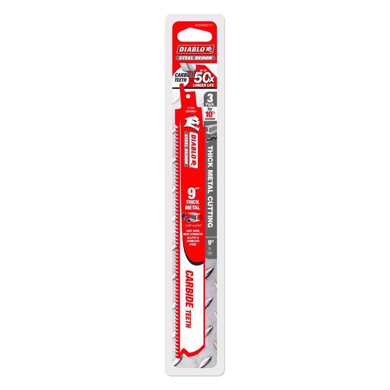 Diablo Steel Demon 9 in. Carbide Thick Metal Reciprocating Saw Blade 8 TPI 3 pk