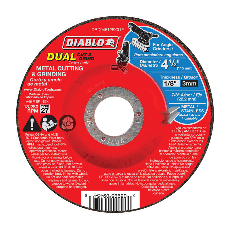 Diablo 4-1/2 in. D X 7/8 in. Aluminum Oxide Metal Dual Cut and Grind Disc