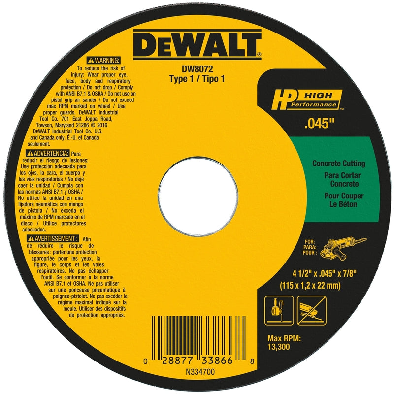 DeWalt 4-1/2 in. D X 7/8 in. Silicon Carbide Cut-Off Wheel
