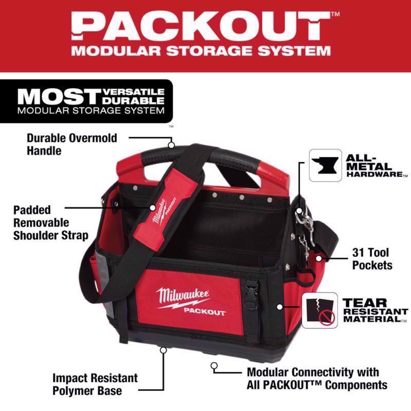 Milwaukee Packout Ballistic Polyester 15" Tool Tote 31 pocket Black/Red