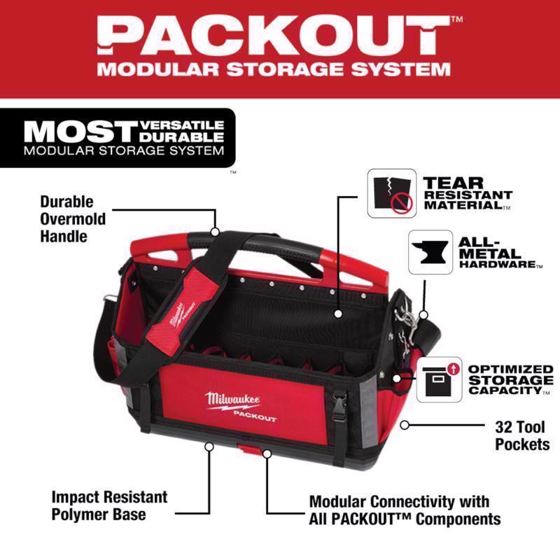 Milwaukee Packout Ballistic Polyester 20" Tool Tote 32 pocket Black/Red