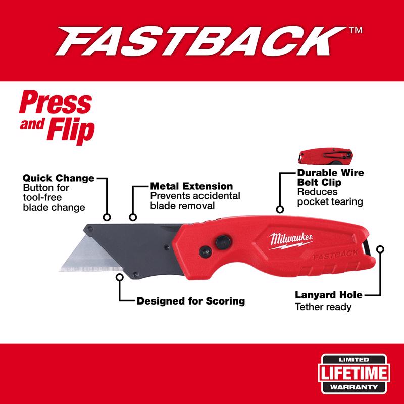 Milwaukee Fastback 6.15 in. Press and Flip Folding Compact Utility Knife Red