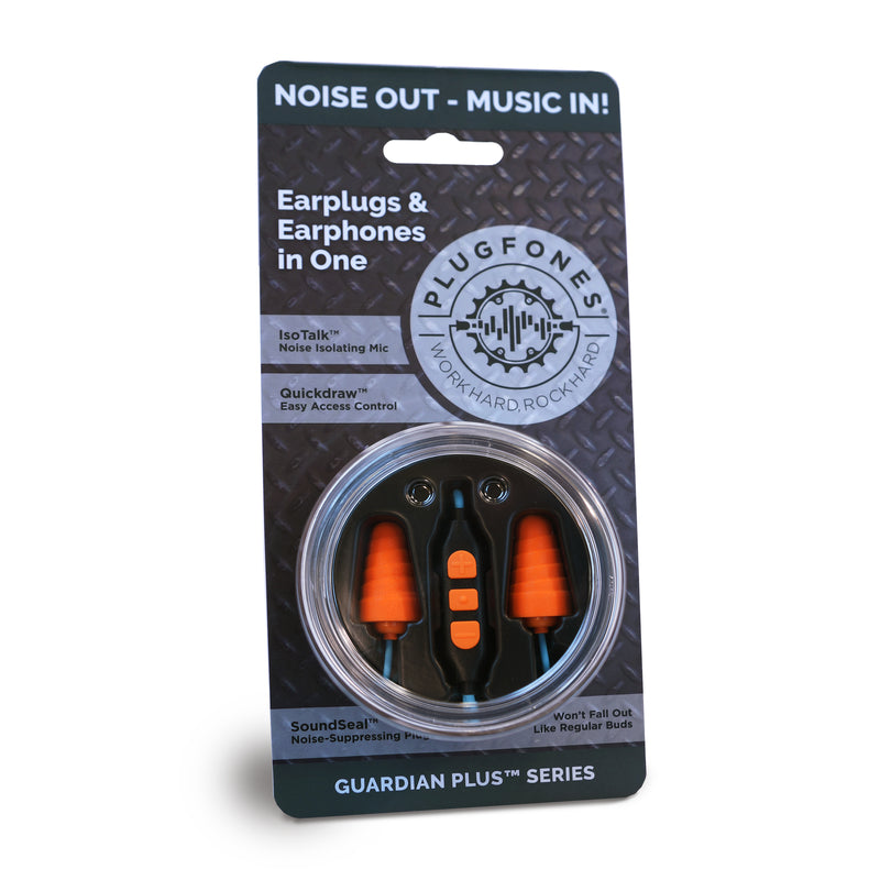 Plugfones Guardian Plus 29 dB Nylon/Silicone/Soft Foam 3.5 MM Jack Earplugs/Earphones w/Mic Blue/Ora
