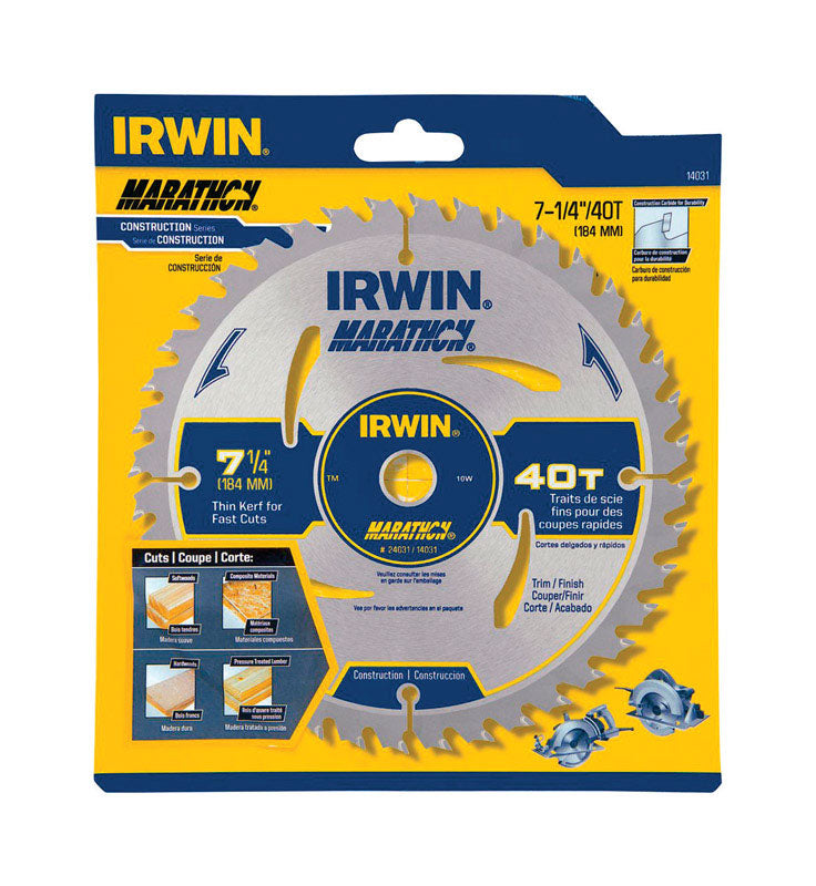 Irwin Marathon 7-1/4 in. D X 5/8 in. Carbide Circular Saw Blade 40 teeth