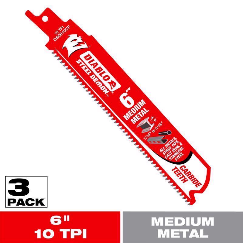 Diablo Steel Demon 6 in. Carbide Tipped Medium Metal Reciprocating Saw Blade 10 TPI 3 pk