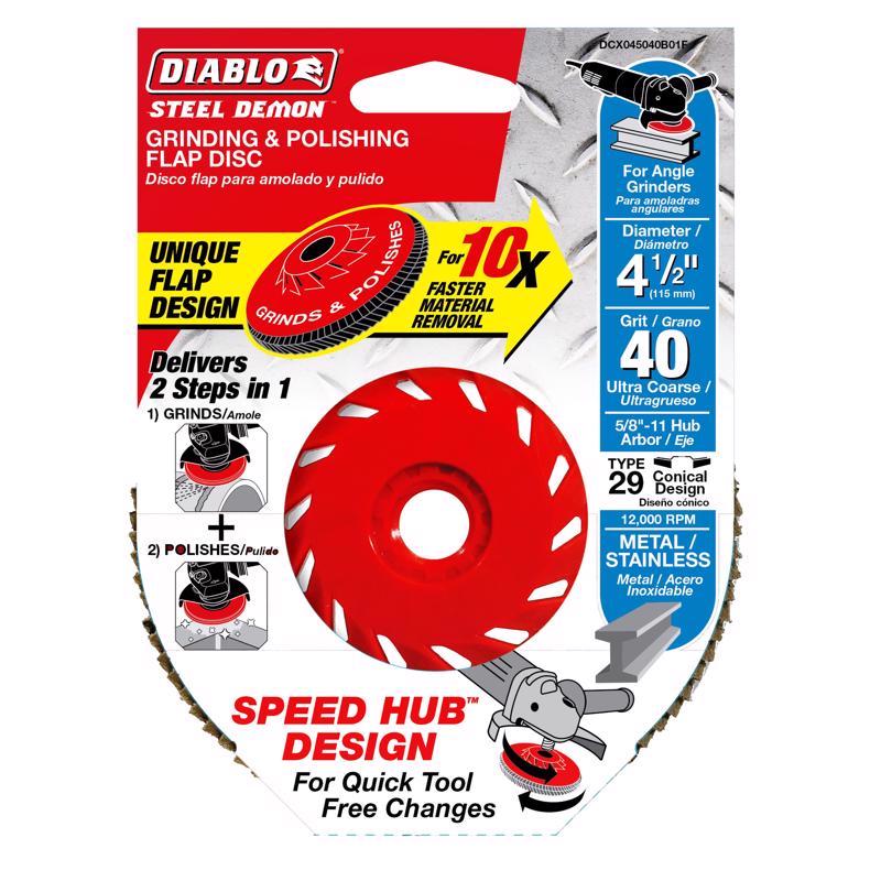 Diablo Steel Demon 4-1/2 in. D X 5/8 in. Zirconia Speed Hub Thread Arbor Flap Disc 40 Grit