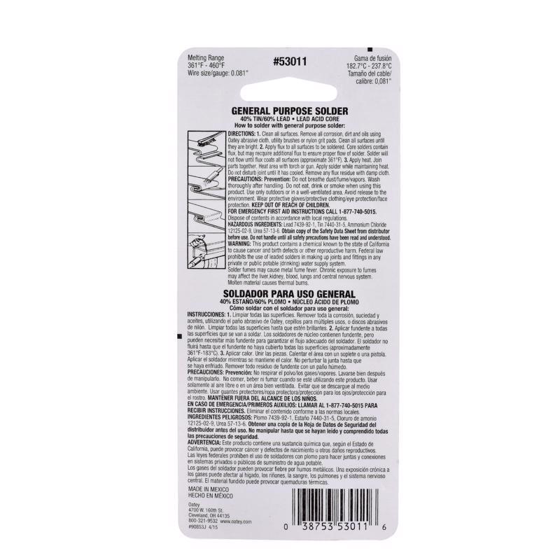 Oatey 1.5 oz Acid Core Wire Solder 0.081 in. D Tin/Lead 40/60