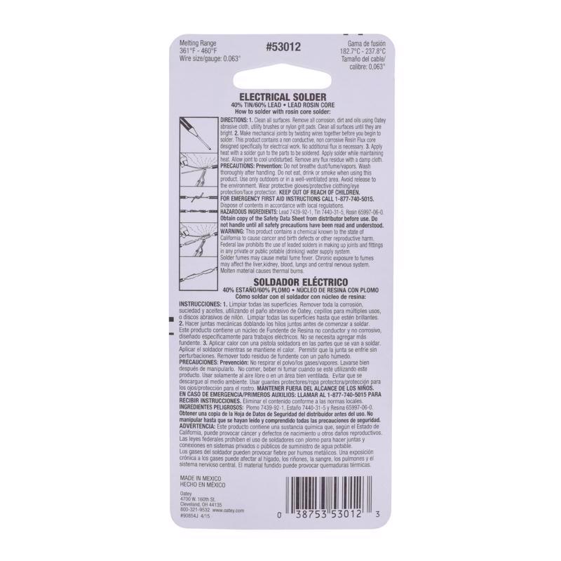 Oatey 1 oz Acid Core Wire Solder 0.063 in. D Tin/Lead 40/60