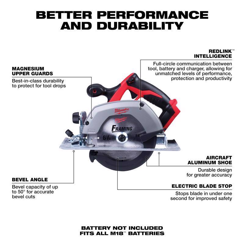 Milwaukee M18 6-1/2 in. Cordless Brushed Circular Saw Tool Only
