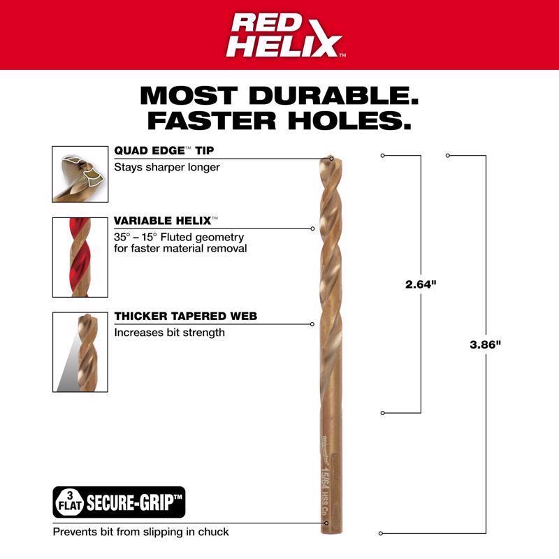 Milwaukee Red Helix 15/64 in. X 3-15/16 in. L Steel Thunderbolt Drill Bit 3-Flat Shank