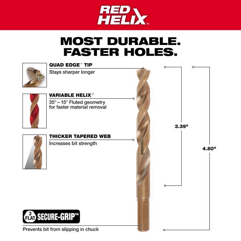 Milwaukee Red Helix 13/32 in. X 4.80 in. L Metal Thunderbolt Drill Bit 3-Flat Shank