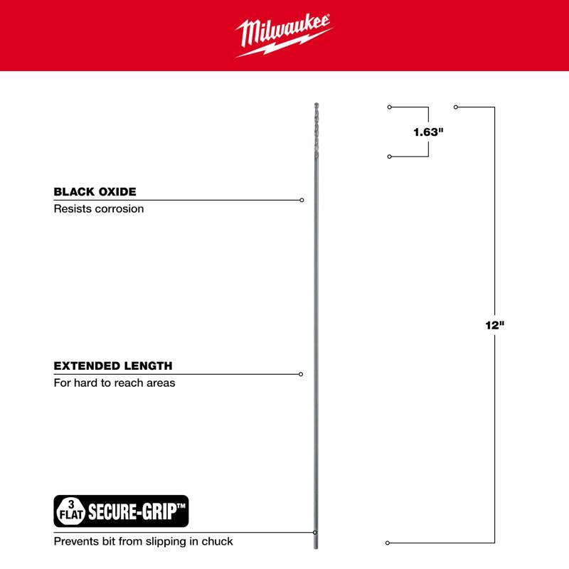 Milwaukee 1/8 in. X 12 in. L Aircraft Length Drill Bit 3-Flat Shank