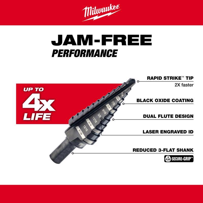 Milwaukee Jam-Free 3/16 - 7/8 in. X 6 in. L Metal Step Drill Bit 3-Flat Shank