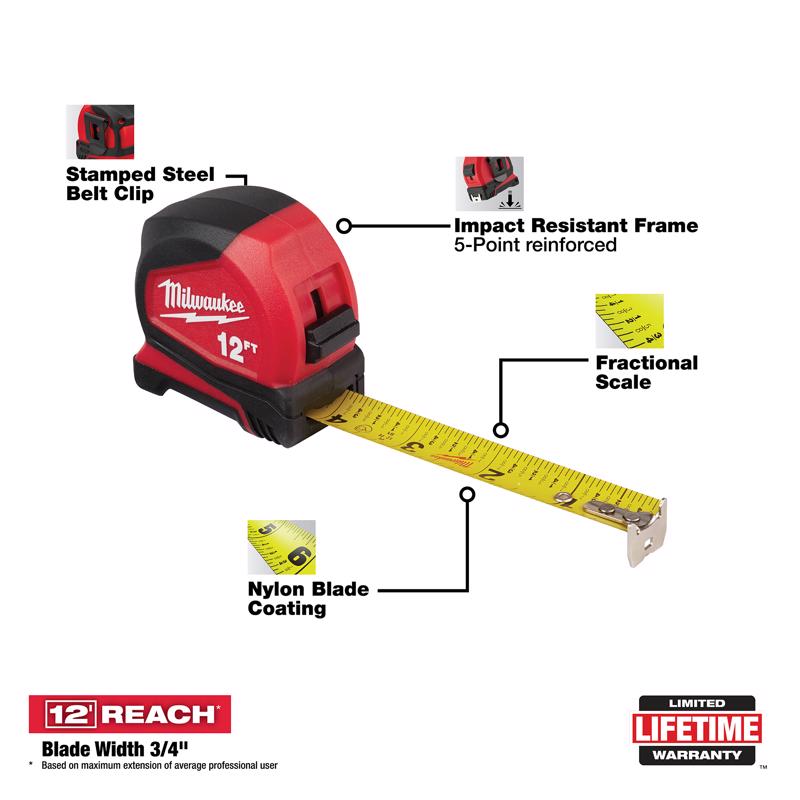 Milwaukee 12 ft. L X 1.32 in. W Compact Tape Measure