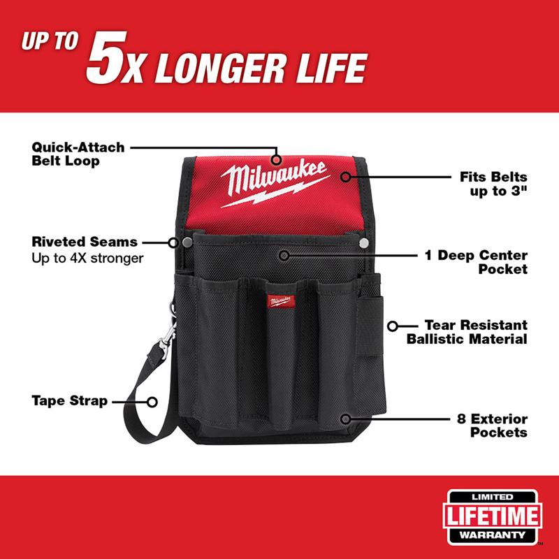 Milwaukee 6.7 in. W X 10.75 in. H Ballistic Nylon Utility Pouch 9 pocket Black/Red