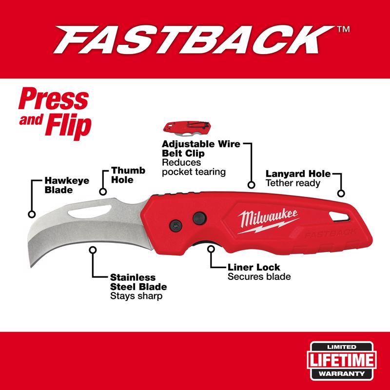 Milwaukee Fastback 7 in. Press and Flip Folding Pocket Knife Red