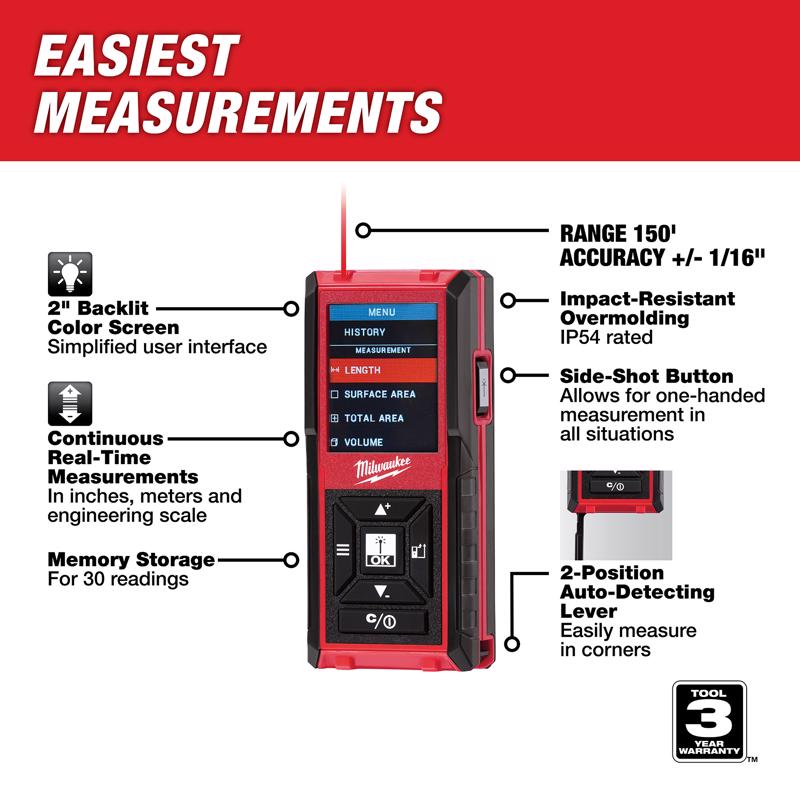 Milwaukee 4.2 in. L X 1.9 in. W Laser Distance Meter 150 ft. Black/Red