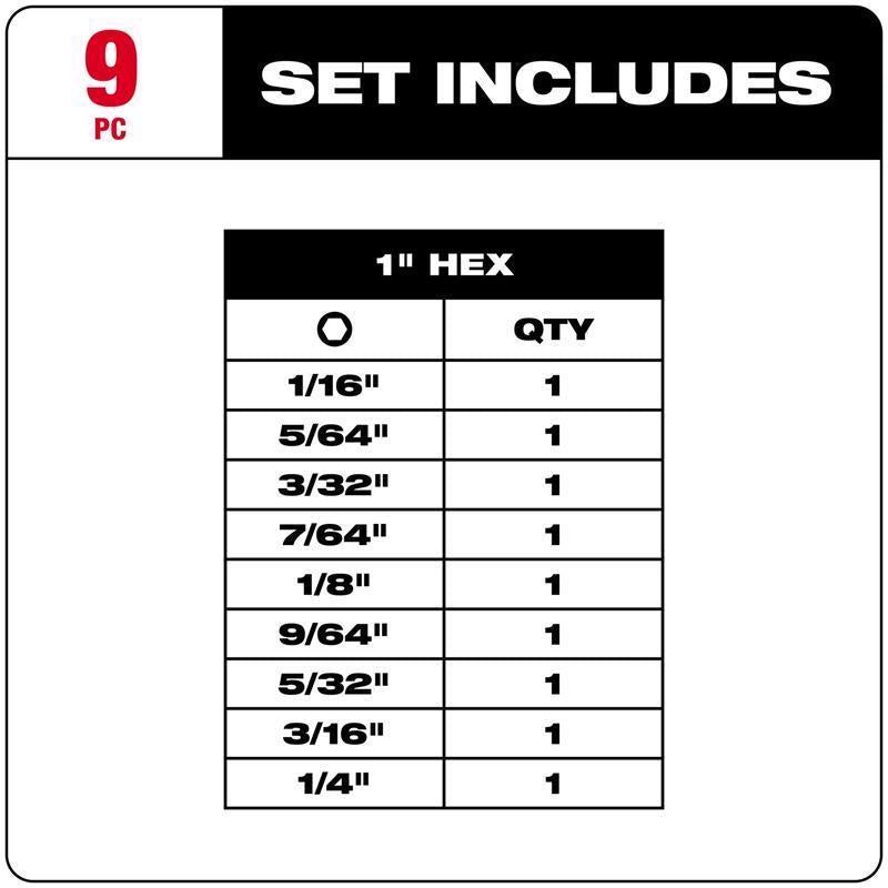Milwaukee Shockwave Hex 1 in. L Impact Insert Bit Set Steel 9 pc