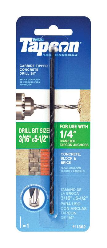 Tapcon 3/16 in. X 5-1/2 in. L Carbide Tipped Concrete Drill Bit Straight Shank