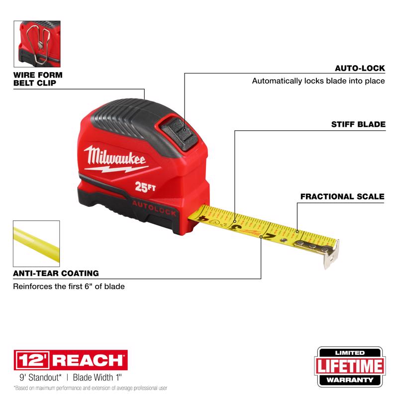 Milwaukee 25 ft. L X 1.88 in. W Compact Auto Lock Tape Measure