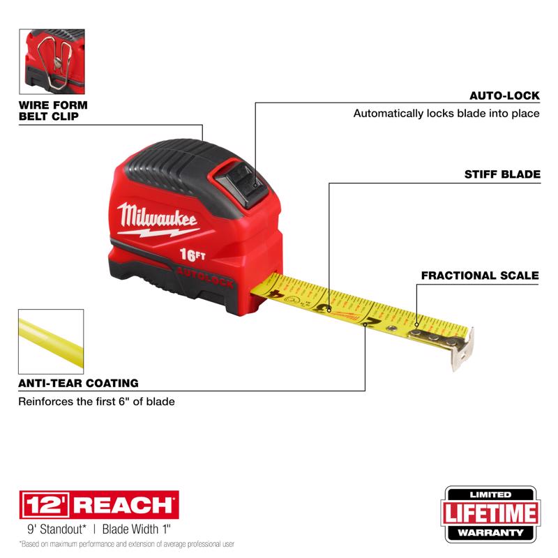 Milwaukee 16 ft. L X 1.88 in. W Compact Auto Lock Tape Measure