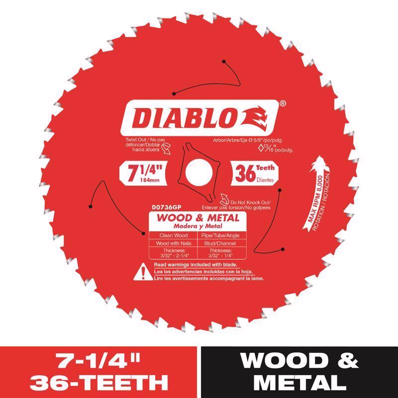 Diablo Wood & Metal 7-1/4 in. D X 5/8 in. TiCo Hi-Density Carbide Circular Saw Blade 36 teeth