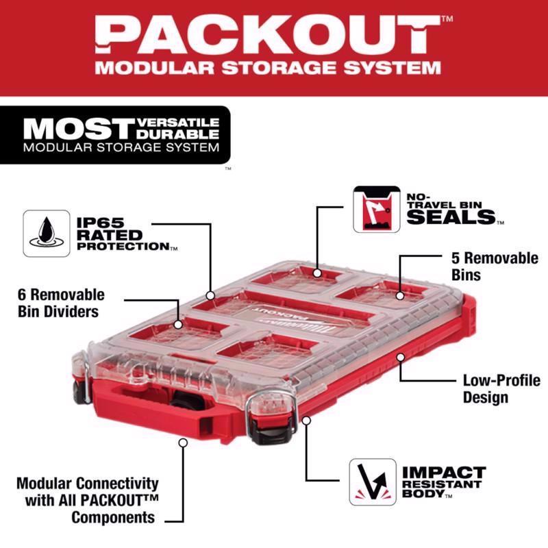 Milwaukee Packout Storage Organizer Impact-Resistant Poly 5 compartments Red