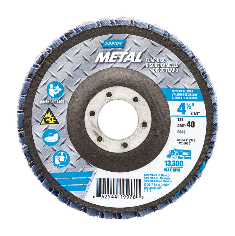 Norton 4-1/2 in. D X 7/8 in. Zirconia Aluminum Oxide Flap Disc 40 Grit