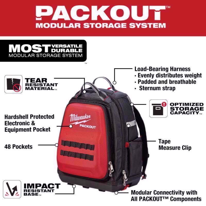 Milwaukee Packout Ballistic Nylon Ultimate Jobsite Backpack Tool Bag 48 pocket Black/Red