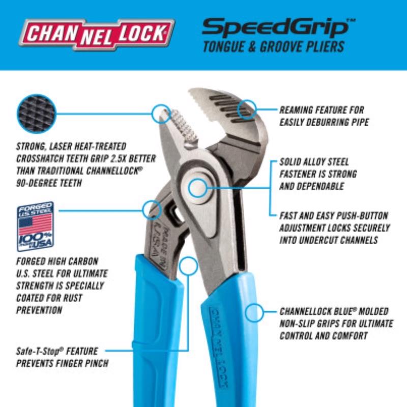 Channellock SpeedGrip 9.5 in. Steel Push Button Tongue and Groove Pliers
