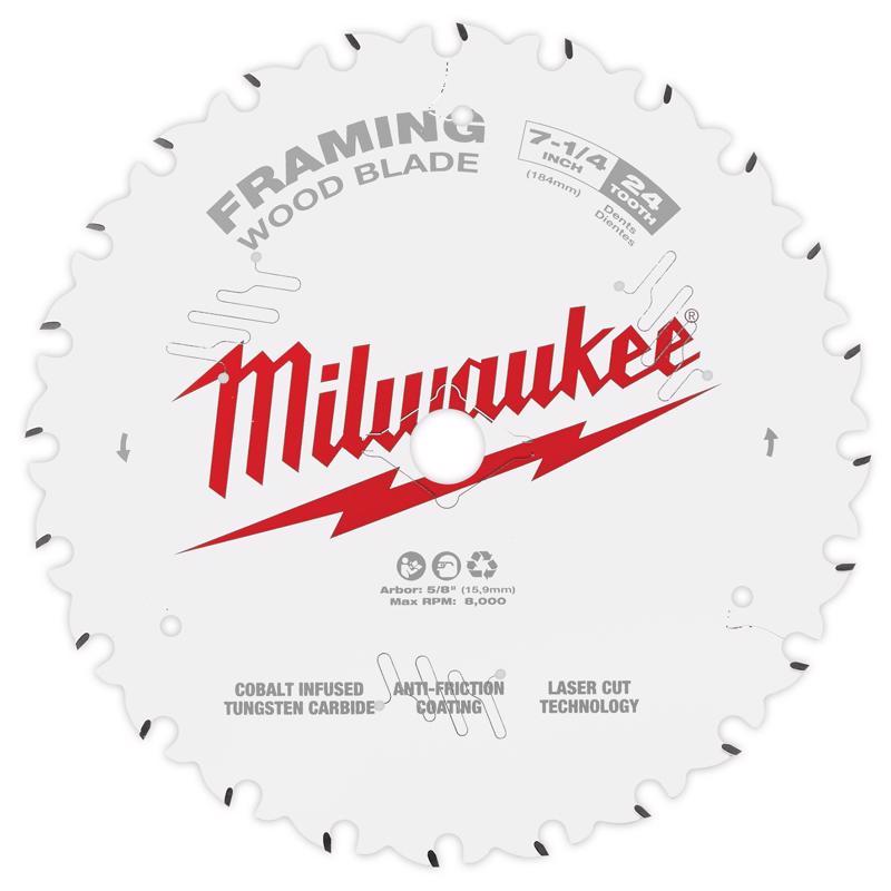 Milwaukee 7-1/4 in. D X 5/8 in. Framing Tungsten Carbide Circular Saw Blade 24 teeth