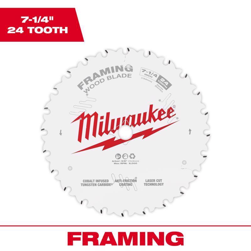 Milwaukee 7-1/4 in. D X 5/8 in. Framing Tungsten Carbide Circular Saw Blade 24 teeth