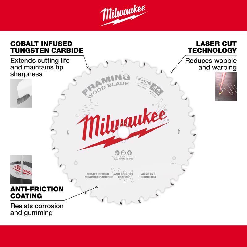 Milwaukee 7-1/4 in. D X 5/8 in. Framing Tungsten Carbide Circular Saw Blade 24 teeth