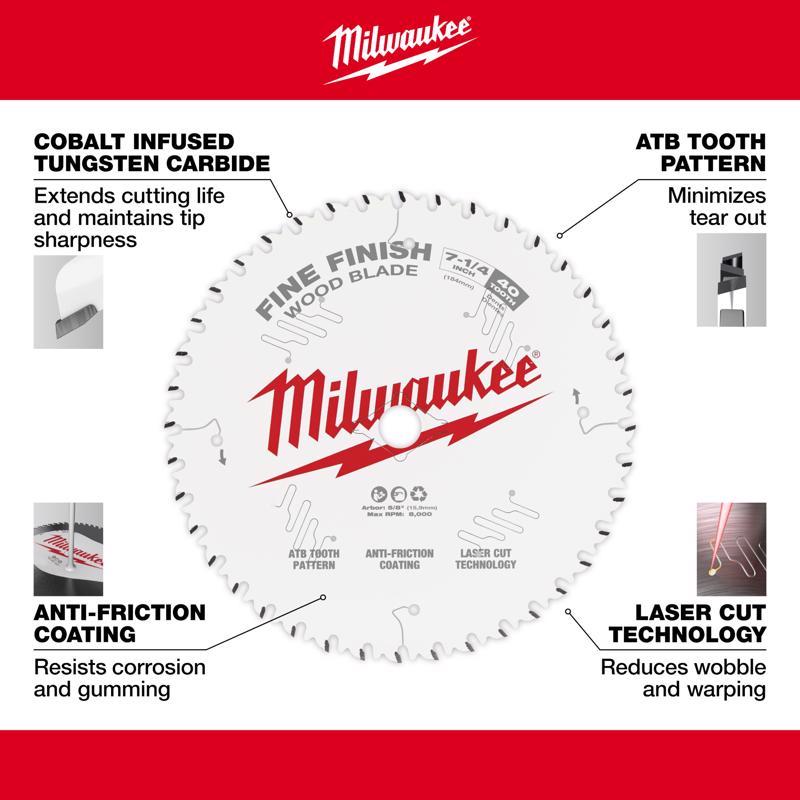 Milwaukee 7-1/4 in. D X 5/8 in. Fine Finish Tungsten Carbide Circular Saw Blade 40 teeth