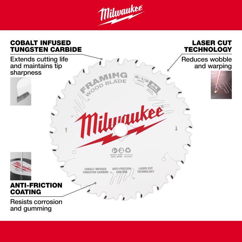 Milwaukee 6-1/2 in. D X 5/8 in. Framing Tungsten Carbide Circular Saw Blade 24 teeth