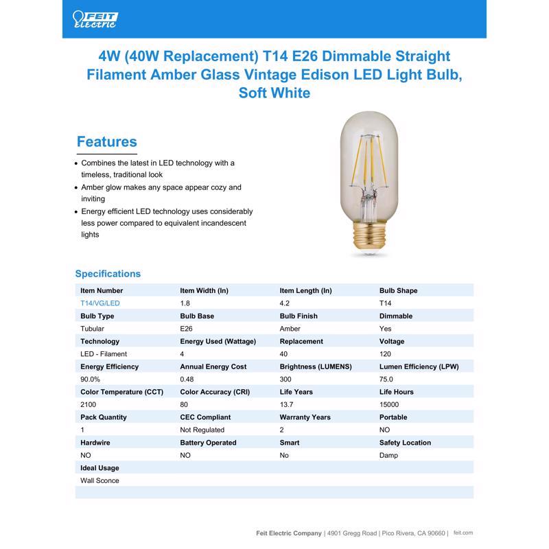 Feit T14 E26 (Medium) LED Bulb Amber Soft White 40 Watt Equivalence