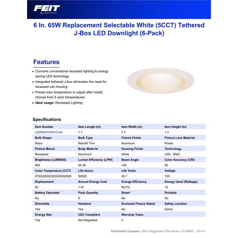 Feit LED Retrofits White 7.1 in. W LED Canless Recessed Downlight 13 W