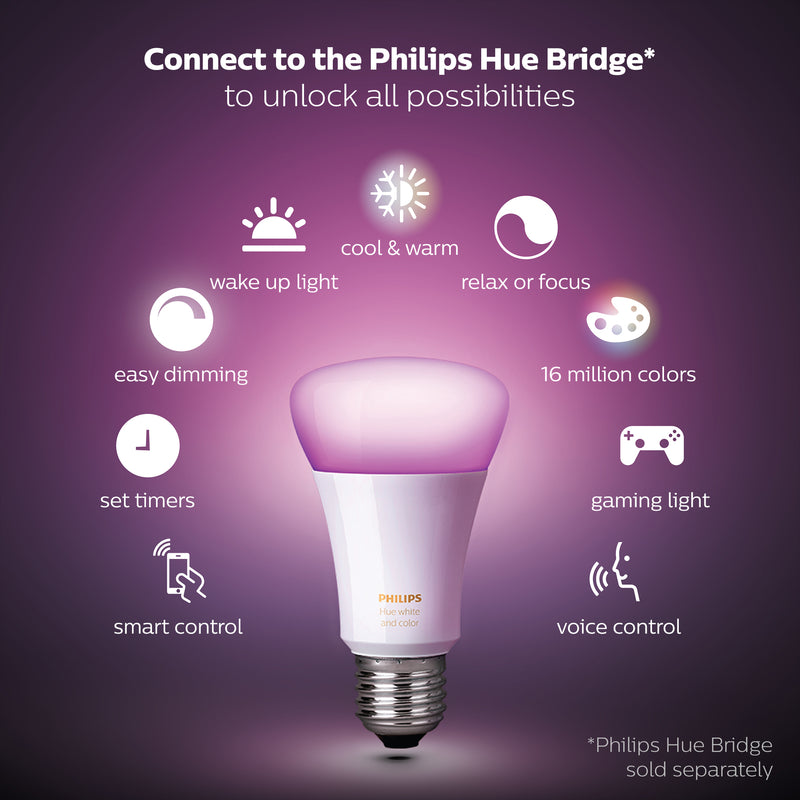 Philips Hue A19 E26 (Medium) Smart-Enabled LED Bulb Color Changing 60 Watt Equivalence