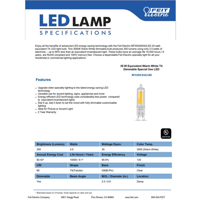 Feit T4 G9 LED Bulb Bright White 35 Watt Equivalence