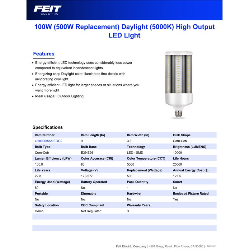 Feit Corn Cob E26 (Medium) LED Bulb Daylight 500 Watt Equivalence