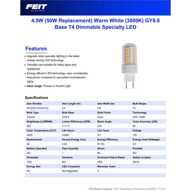 Feit T4 GY8.6 LED Bulb Bright White 50 Watt Equivalence