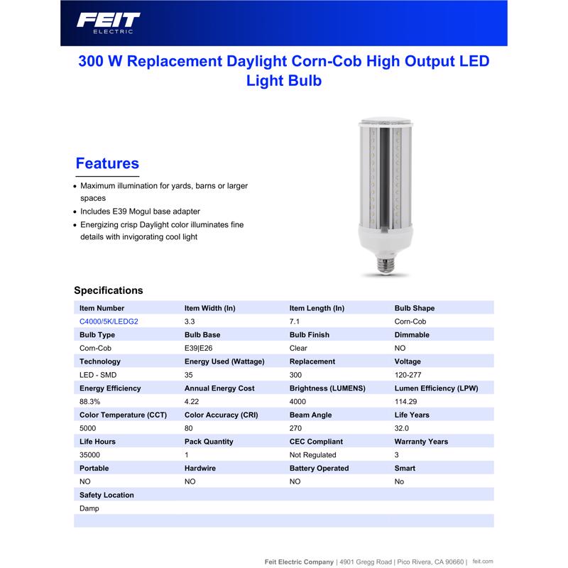 Feit Corn Cob E26 (Medium) LED Bulb Daylight 300 Watt Equivalence