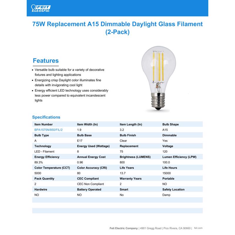 Feit A15 E17 (Intermediate) Filament LED Bulb Daylight 75 Watt Equivalence 2 pk