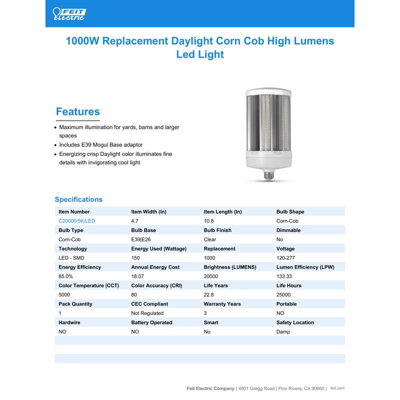 Feit Cylinder E26 (Medium) LED Bulb Natural Light 1000 Watt Equivalence